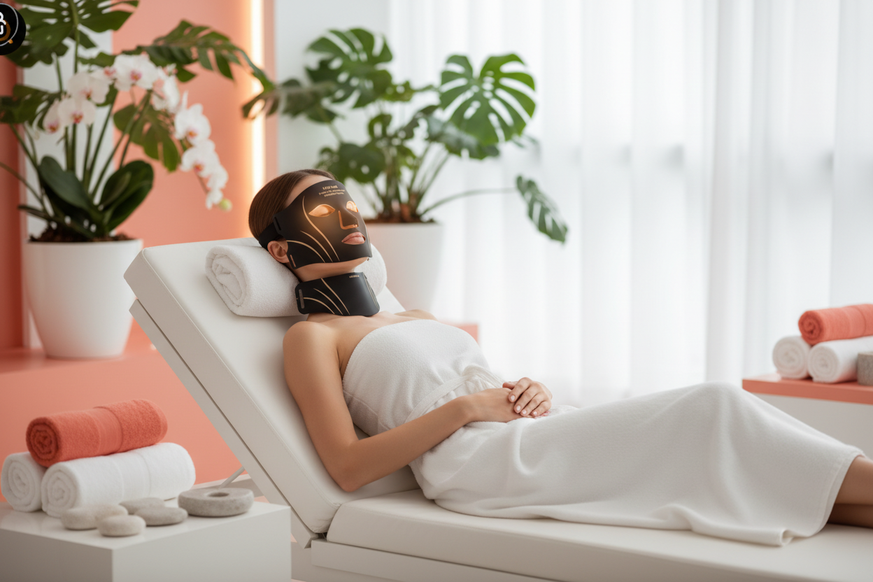 Lifestyle banner with model using LED face mask